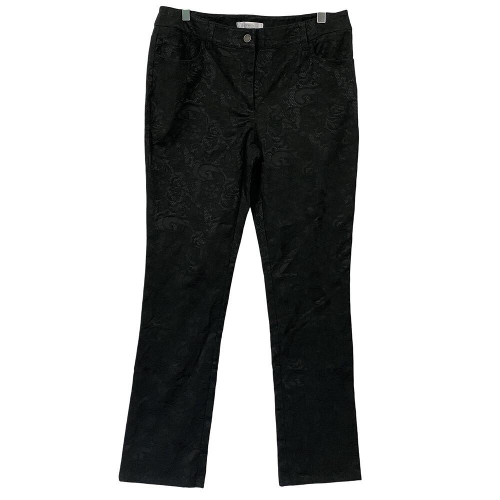 Chicos Textured Lace Jeans Size 1.5 Black Floral Straight Leg Mid Rise 10 32x31
